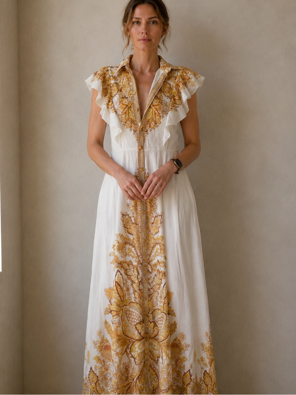 Karolina Cream Orange Whimsy Paisley Maxi Dress